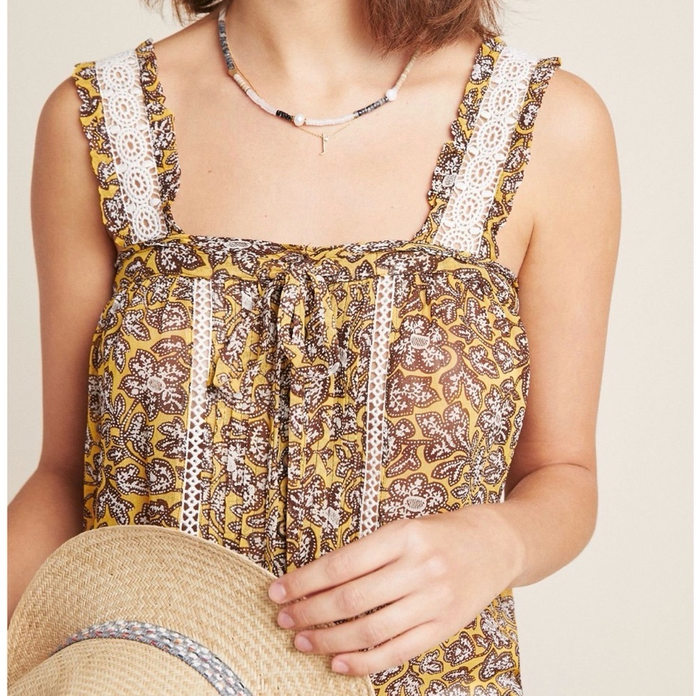 Anthropologie Mustard Floral Boho Tank Crochet Lace Strap Peasant Top Sz 12